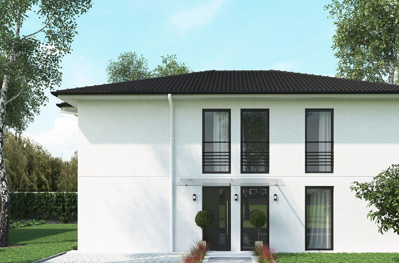 Walmdach eines weißen Einfamilienhauses